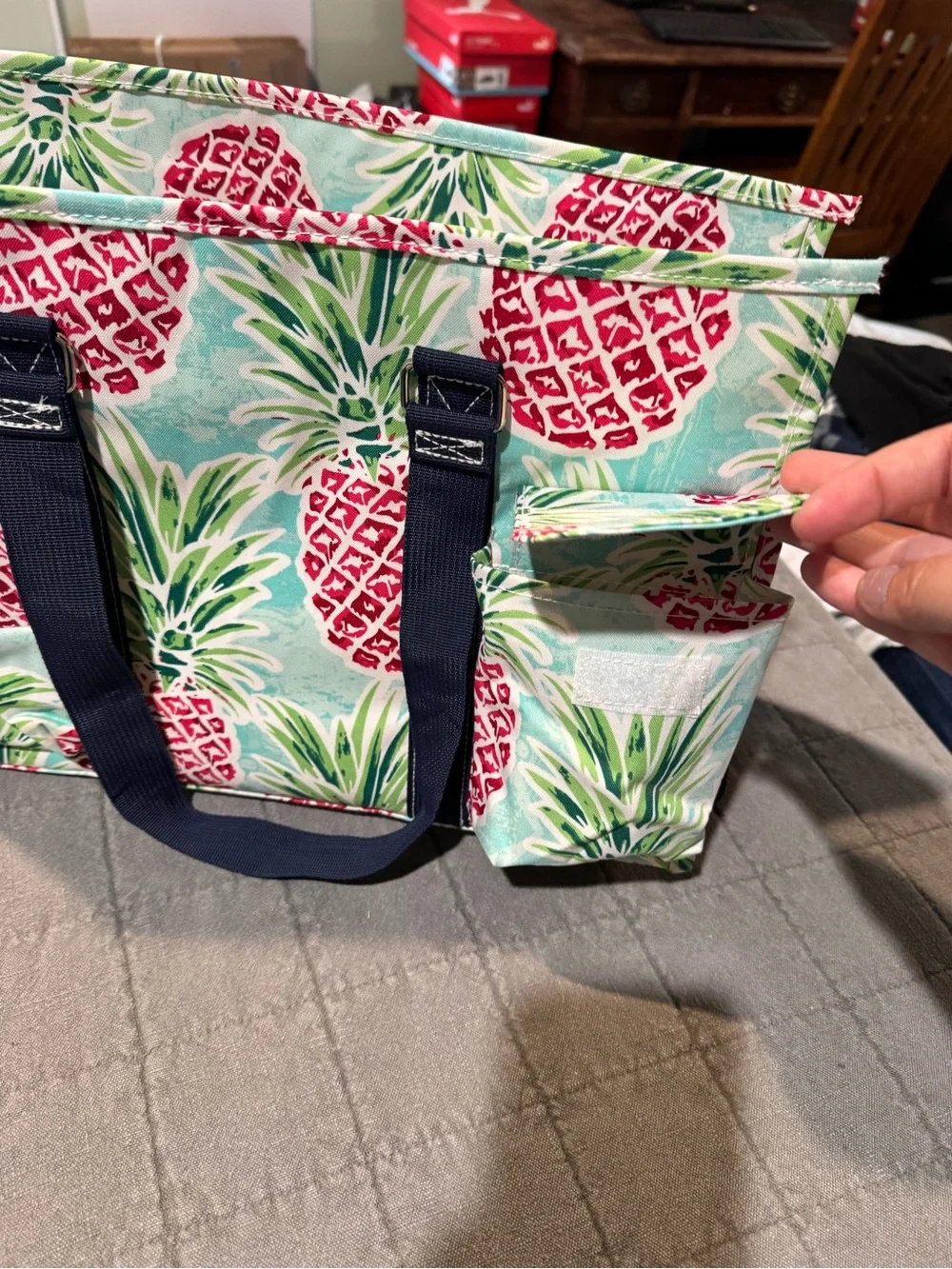 Tropical Pineapple Canvas Tote Bag in Teal and Red